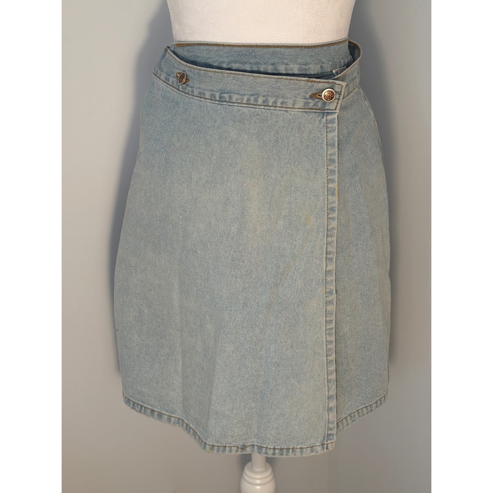 Vintage 80s Bill Blass Denim Skort Light Wash High Waisted Wrap Front Size 10